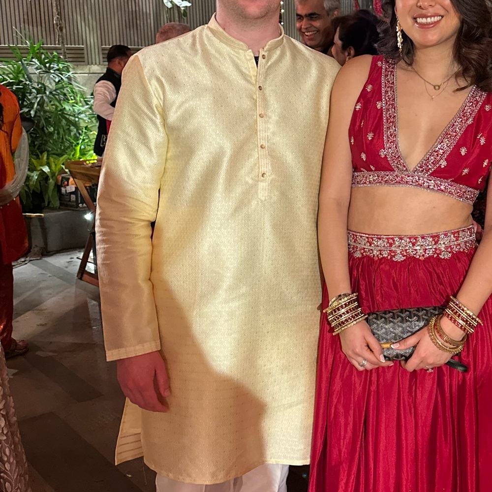 Men's Yellow and Gold Kurta with White Pants